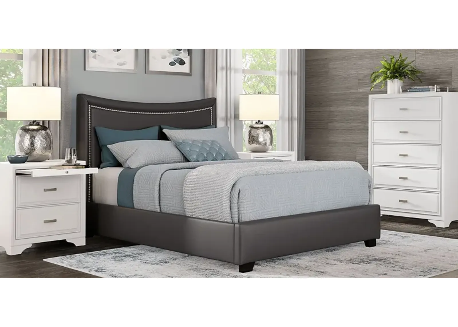 Belcourt White 5 Pc Bedroom With Genoa Gray King Upholstered Bed