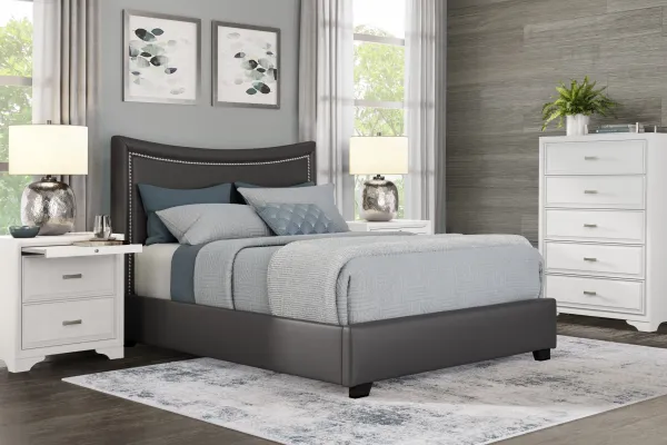 Belcourt White 5 Pc Bedroom With Genoa Gray King Upholstered Bed