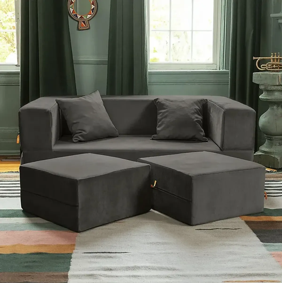 Kids Alfy Charcoal Loveseat and Ottomans, Set of 3