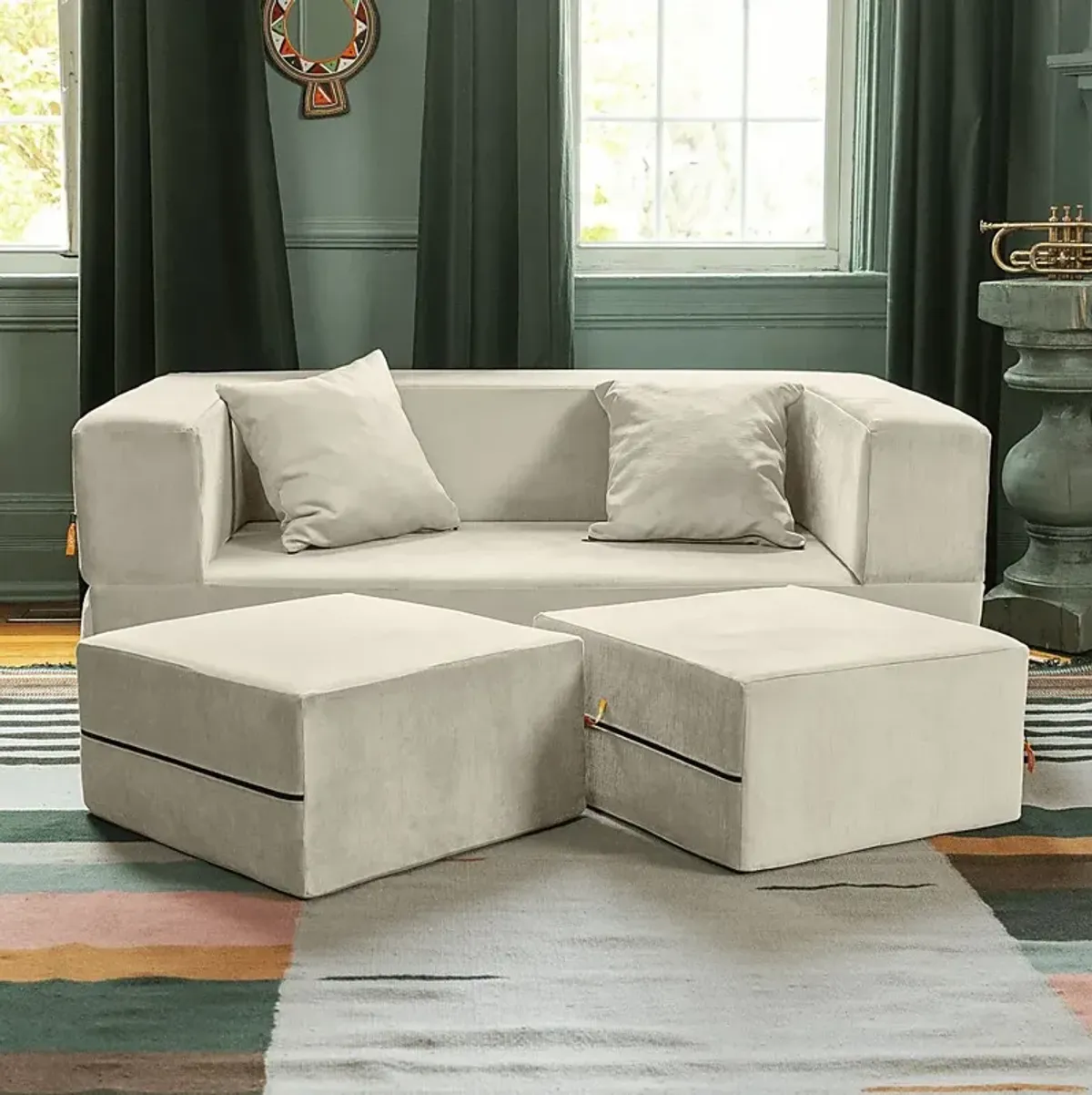 Kids Alfy Ivory Loveseat & Ottomans, Set of 3