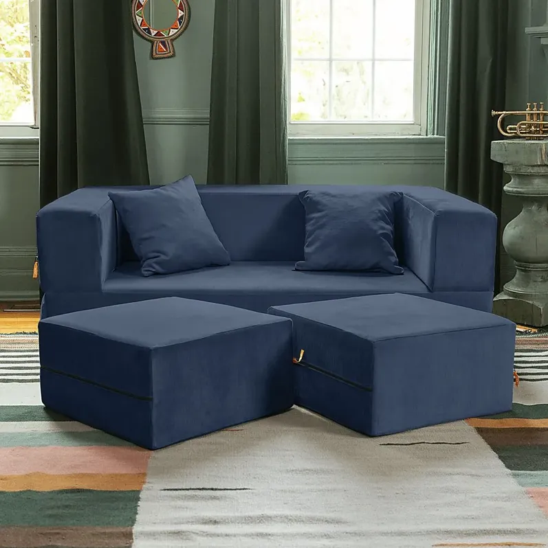 Kids Alfy Indigo Loveseat & Ottomans, Set of 3