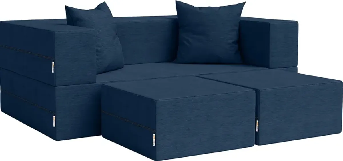 Kids Alfy Indigo Loveseat & Ottomans, Set of 3