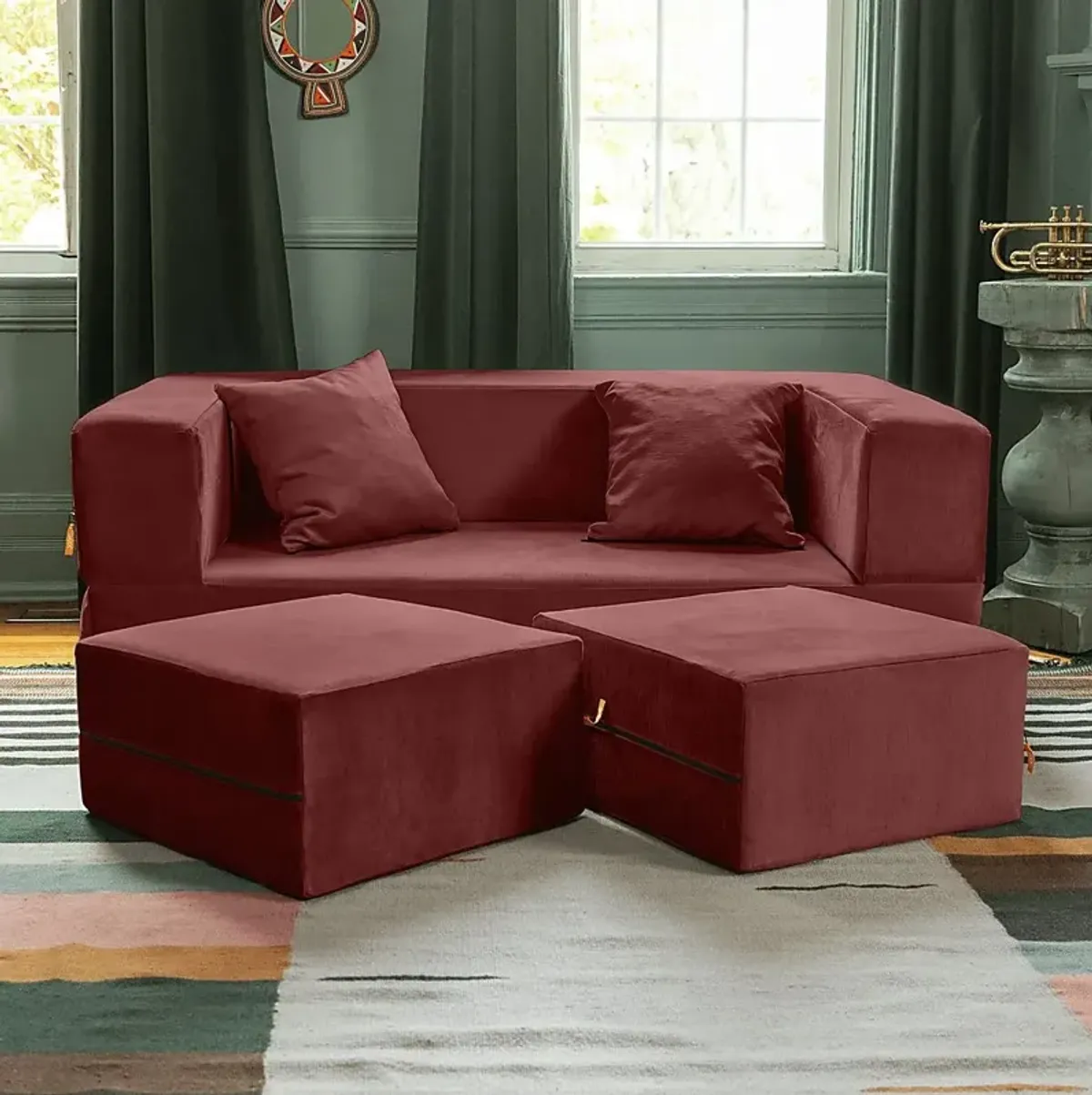 Kids Alfy Red Loveseat & Ottomans, Set of 3