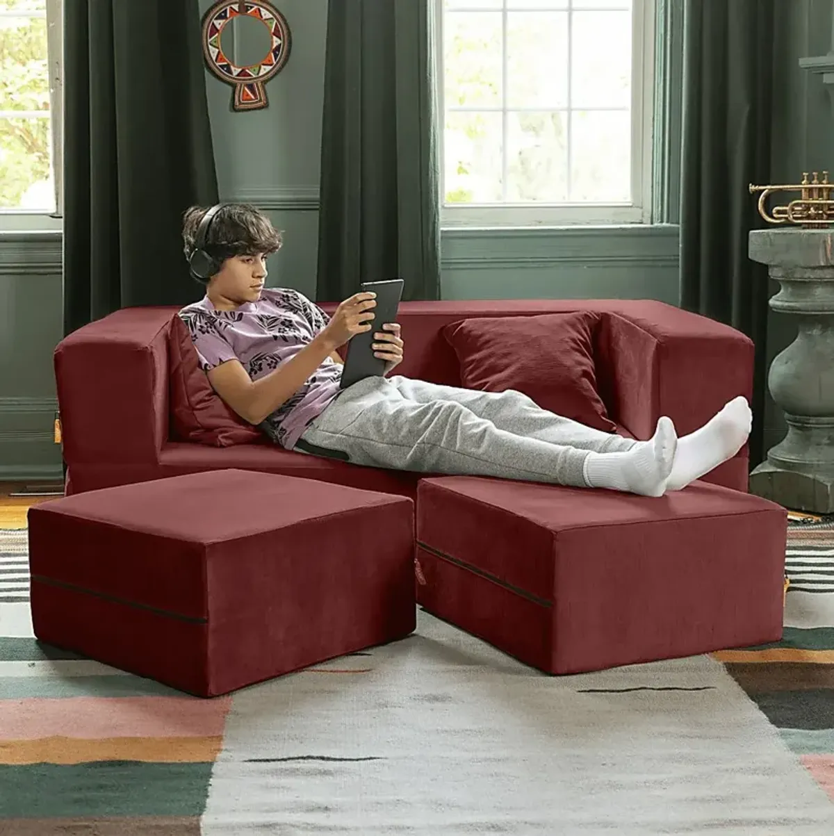 Kids Alfy Red Loveseat & Ottomans, Set of 3