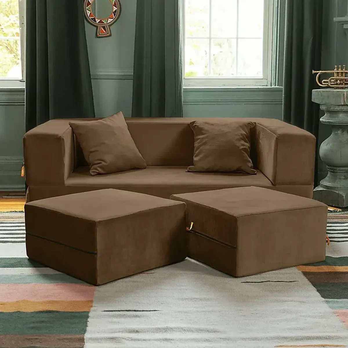 Kids Alfy Brown Loveseat & Ottomans, Set of 3