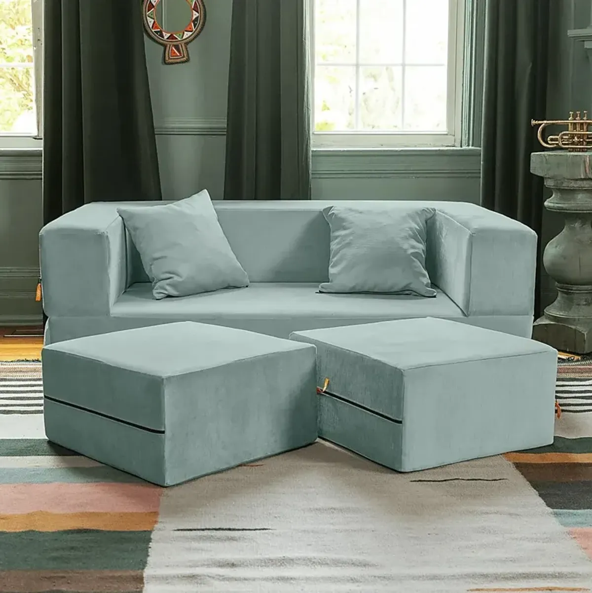 Kids Alfy Blue Loveseat & Ottomans, Set of 2