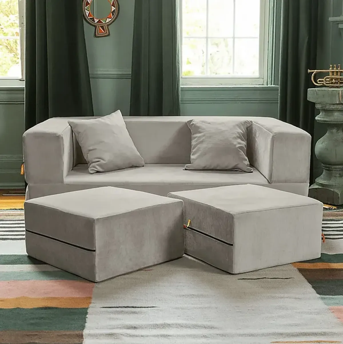 Kids Alfy Dove Gray Loveseat & Ottomans, Set of 3