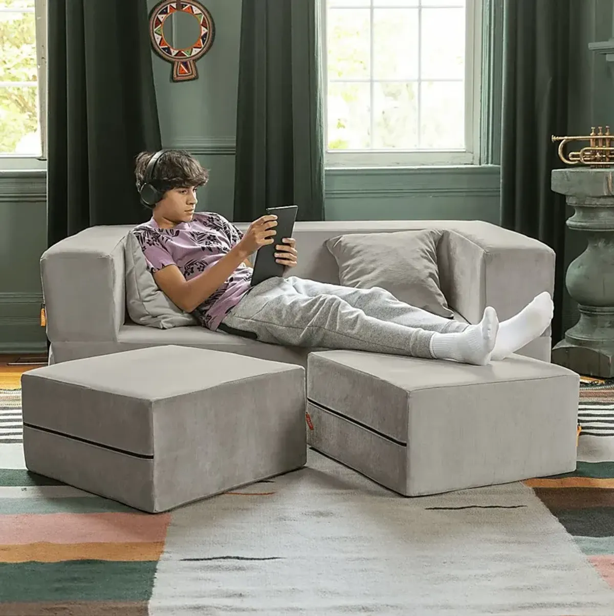 Kids Alfy Dove Gray Loveseat & Ottomans, Set of 3