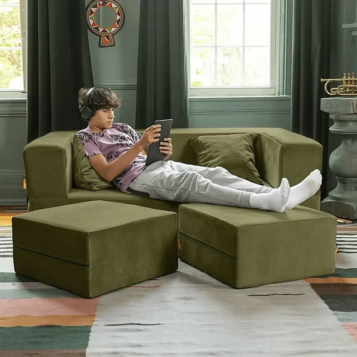 Kids Alfy Green Loveseat & Ottomans, Set of 3