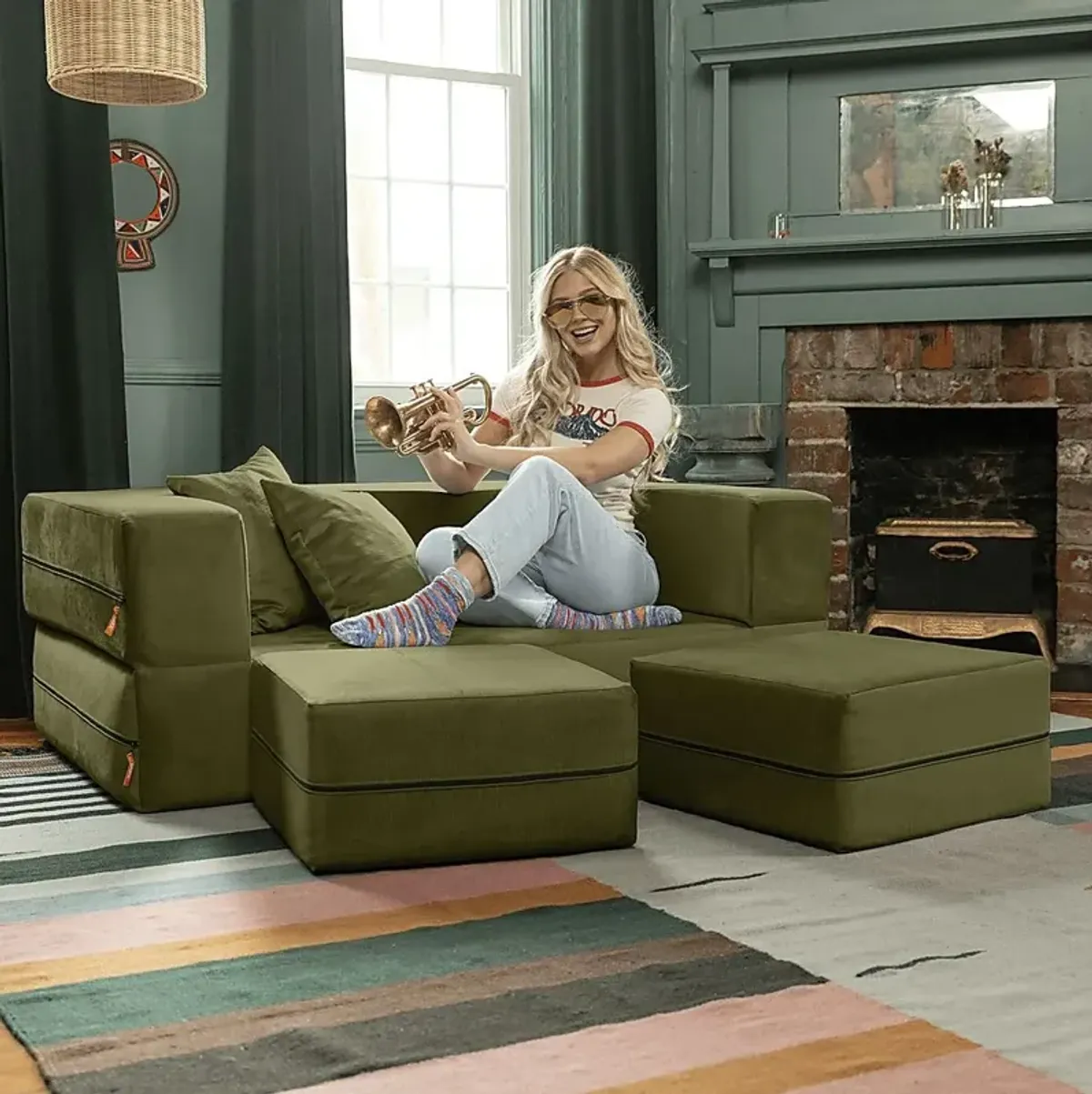 Kids Alfy Green Loveseat & Ottomans, Set of 3