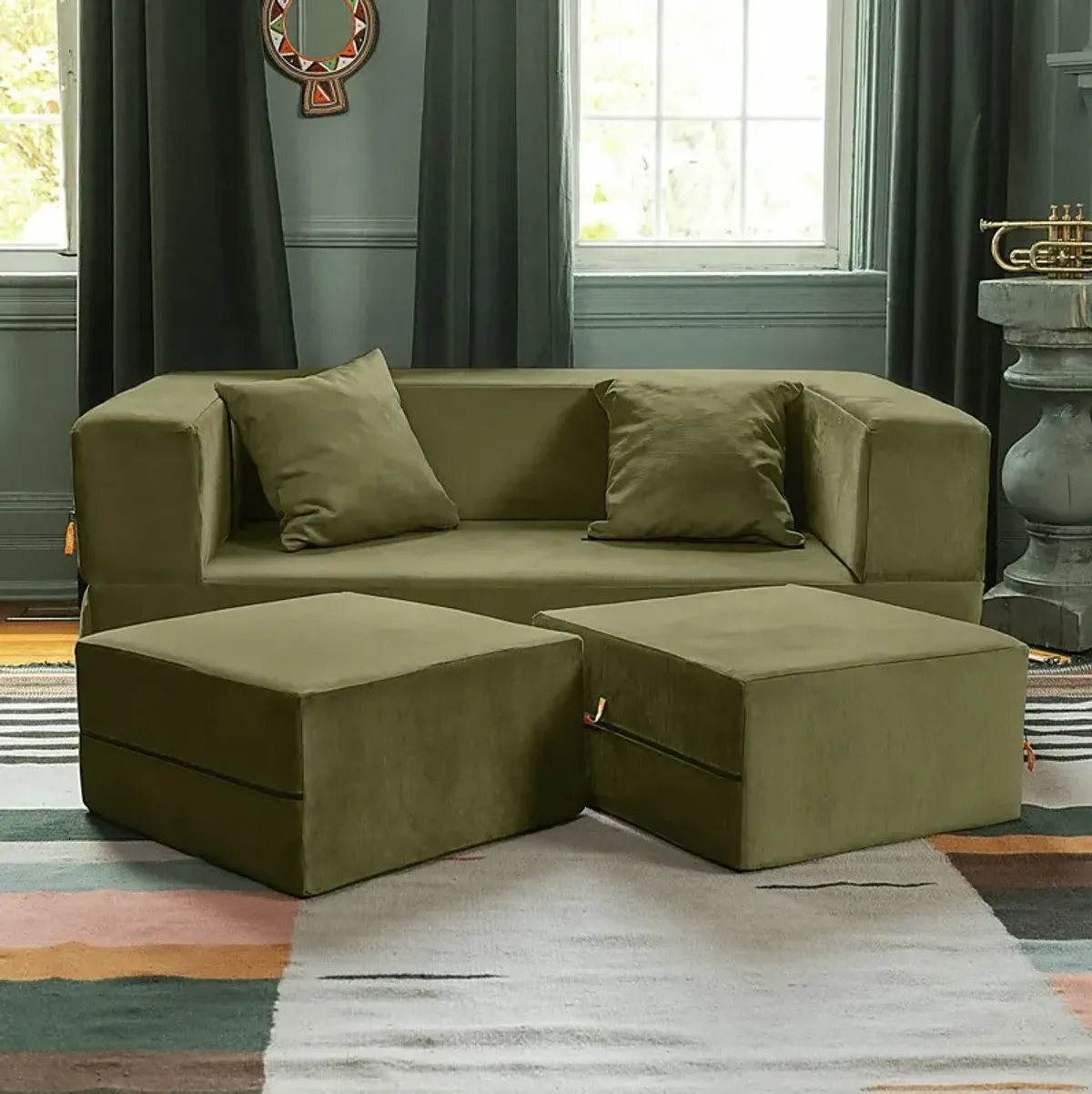 Kids Alfy Green Loveseat & Ottomans, Set of 3