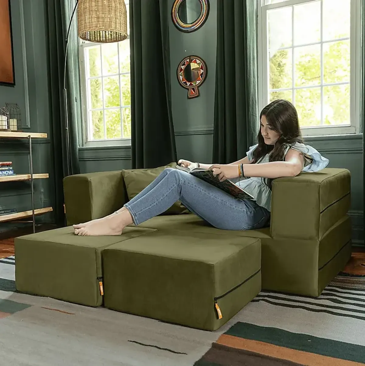 Kids Alfy Green Loveseat & Ottomans, Set of 3