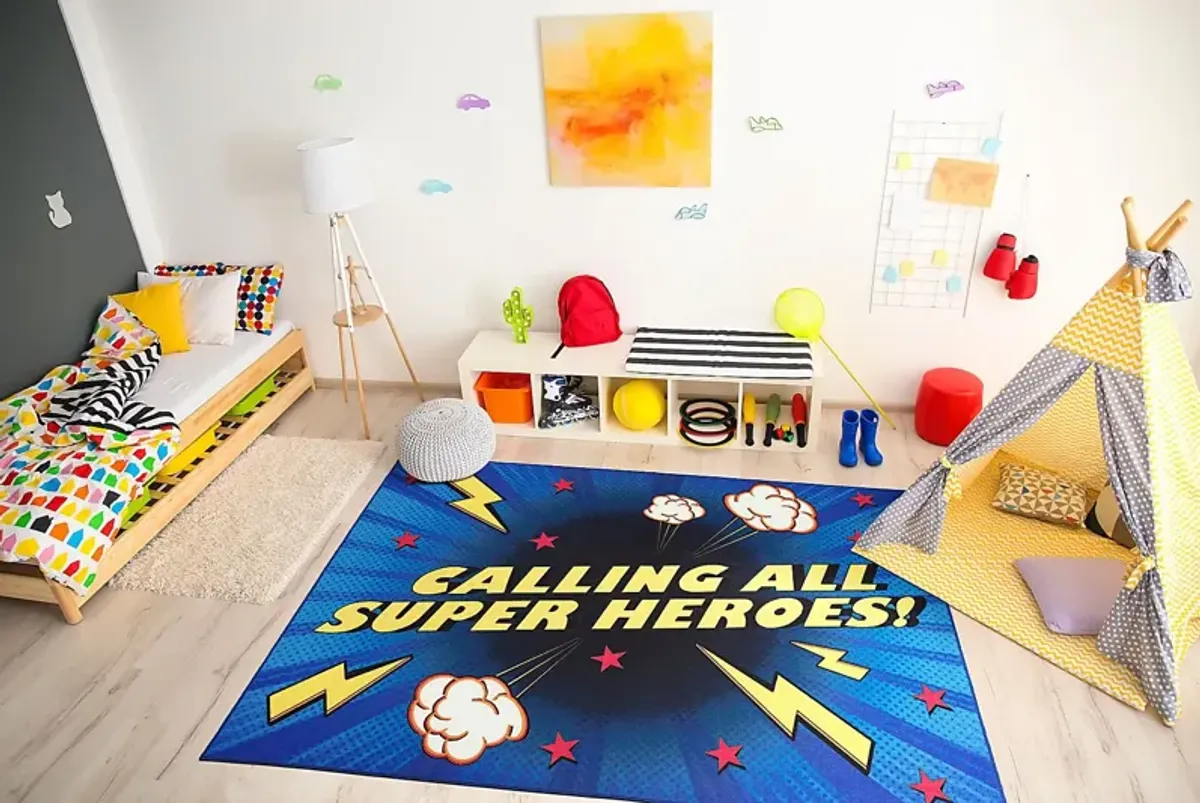 Kids Superhero Call Blue 5' x 7' Rug