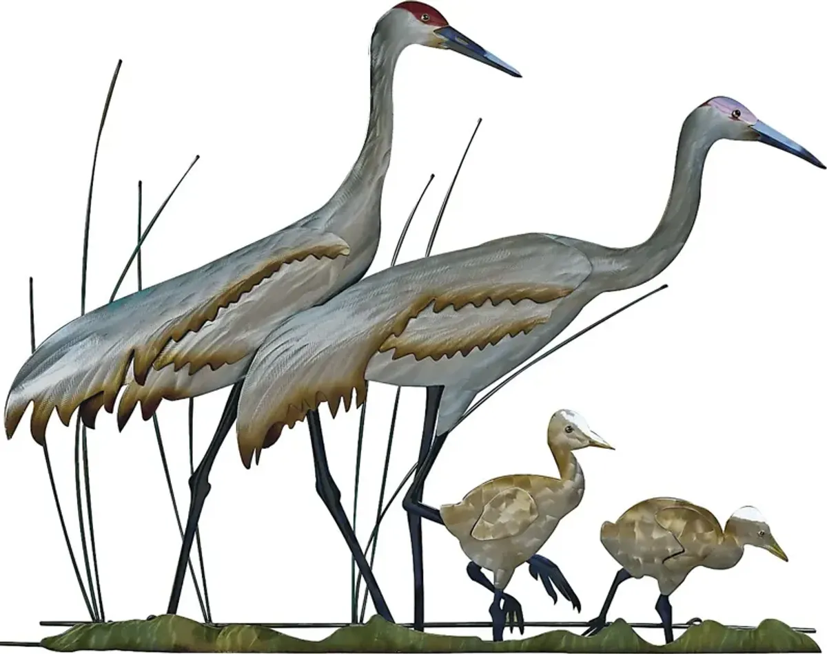 Sand Hill Crane Family Silver Outdoor Wall Art