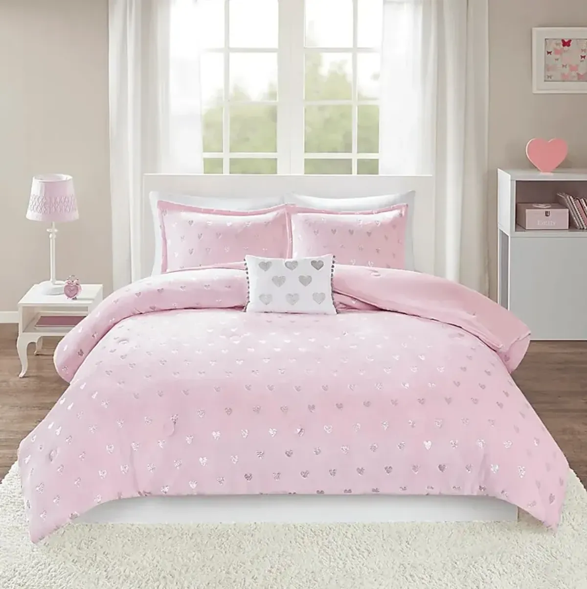 Kids Plush Hearts Pink 3 Pc Twin XL Comforter Set