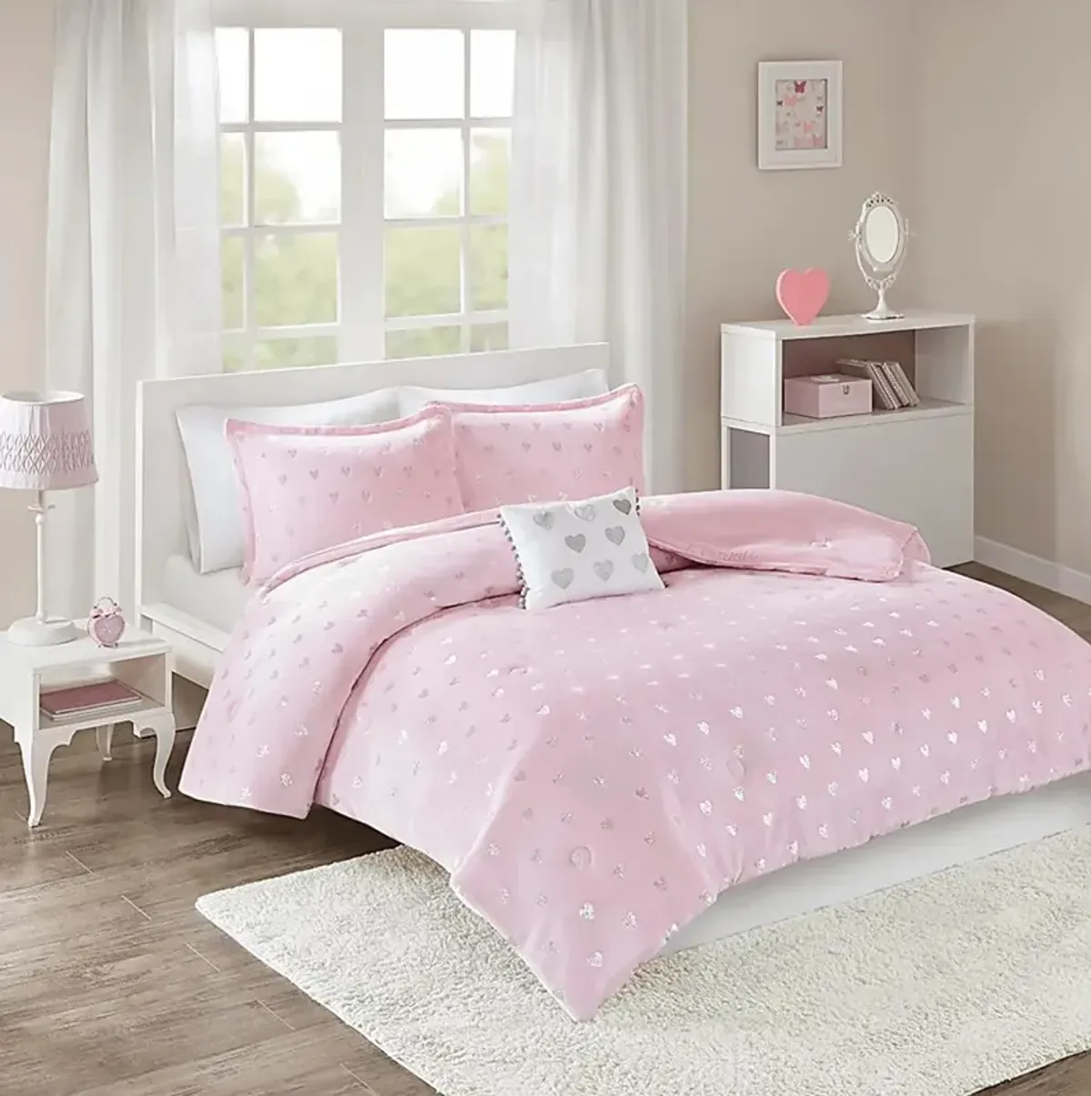 Kids Plush Hearts Pink 3 Pc Twin XL Comforter Set