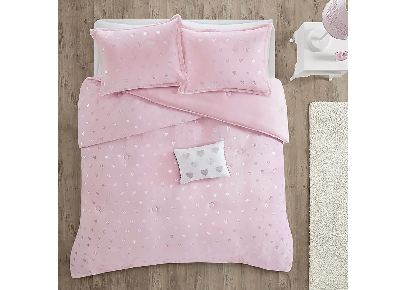 Kids Plush Hearts Pink 3 Pc Twin XL Comforter Set