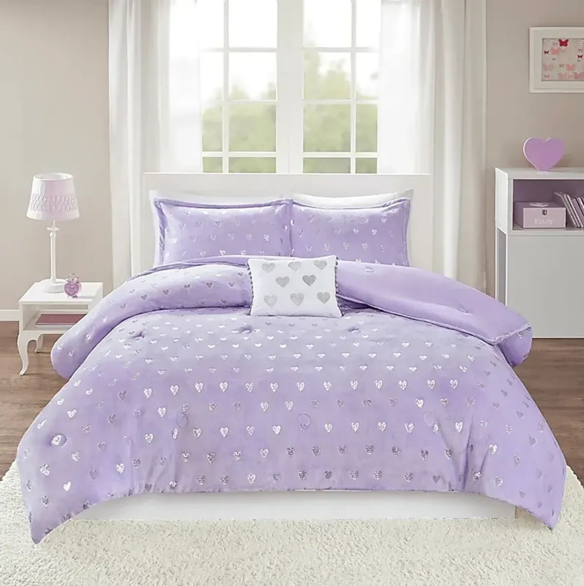 Kids Plush Hearts Purple 3 Pc Twin XL Comforter Set