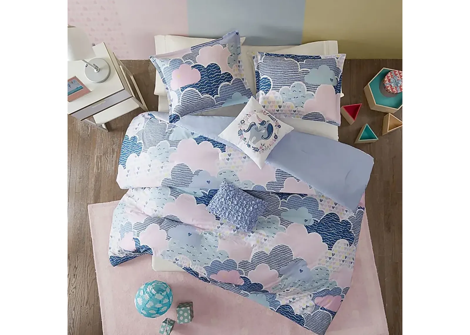 Kids Unicorn Clouds Blue 4 Pc Twin Comforter Set