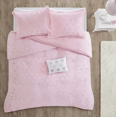 Kids Plush Hearts Pink 4 Pc Full/Queen Comforter Set