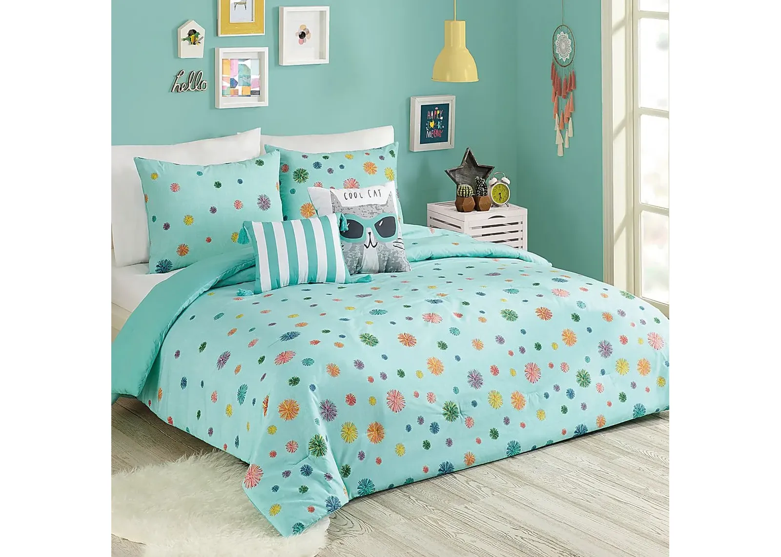 Kids Candy Cat Turquoise 5 Pc Full Comforter Set