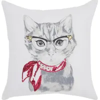 Kids Bespectacled Cat White Accent Pillow