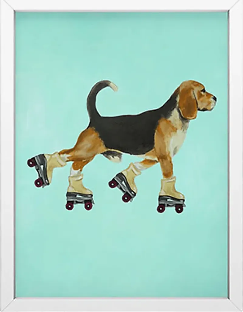 Kids Beagle On Skates Blue Mini Framed Art