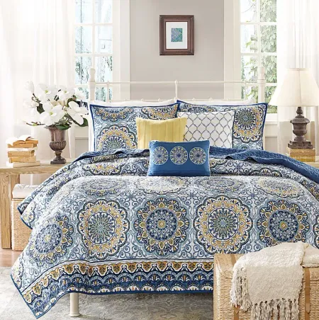 Tangiers Blue 6 Pc Queen Coverlet Set