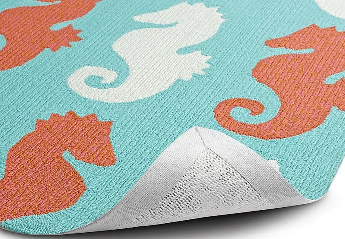 Seahorse Soiree Teal 2' x 6' Indoor/Outdoor Rug