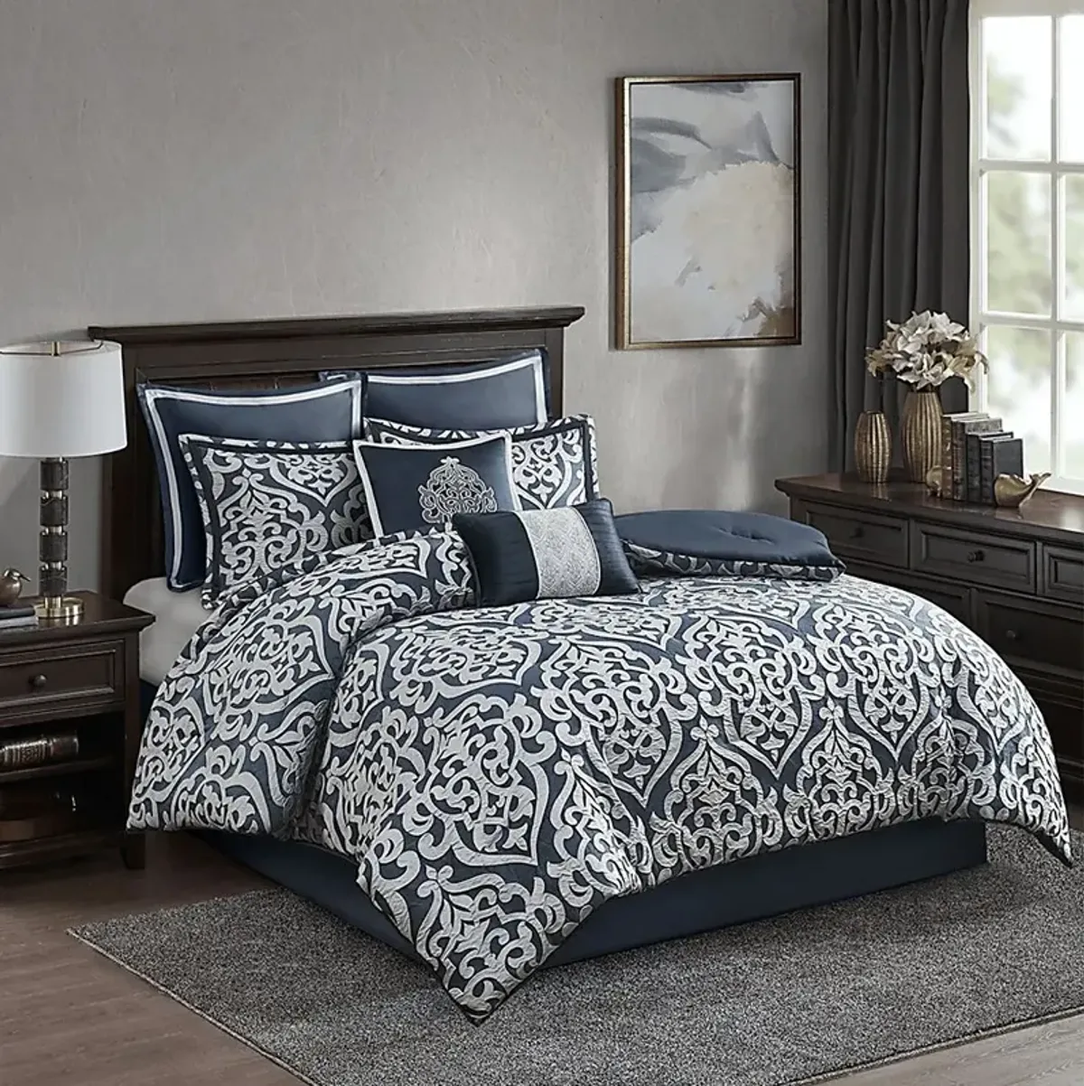 Cherbourg Navy 8 Pc Queen Comforter Set