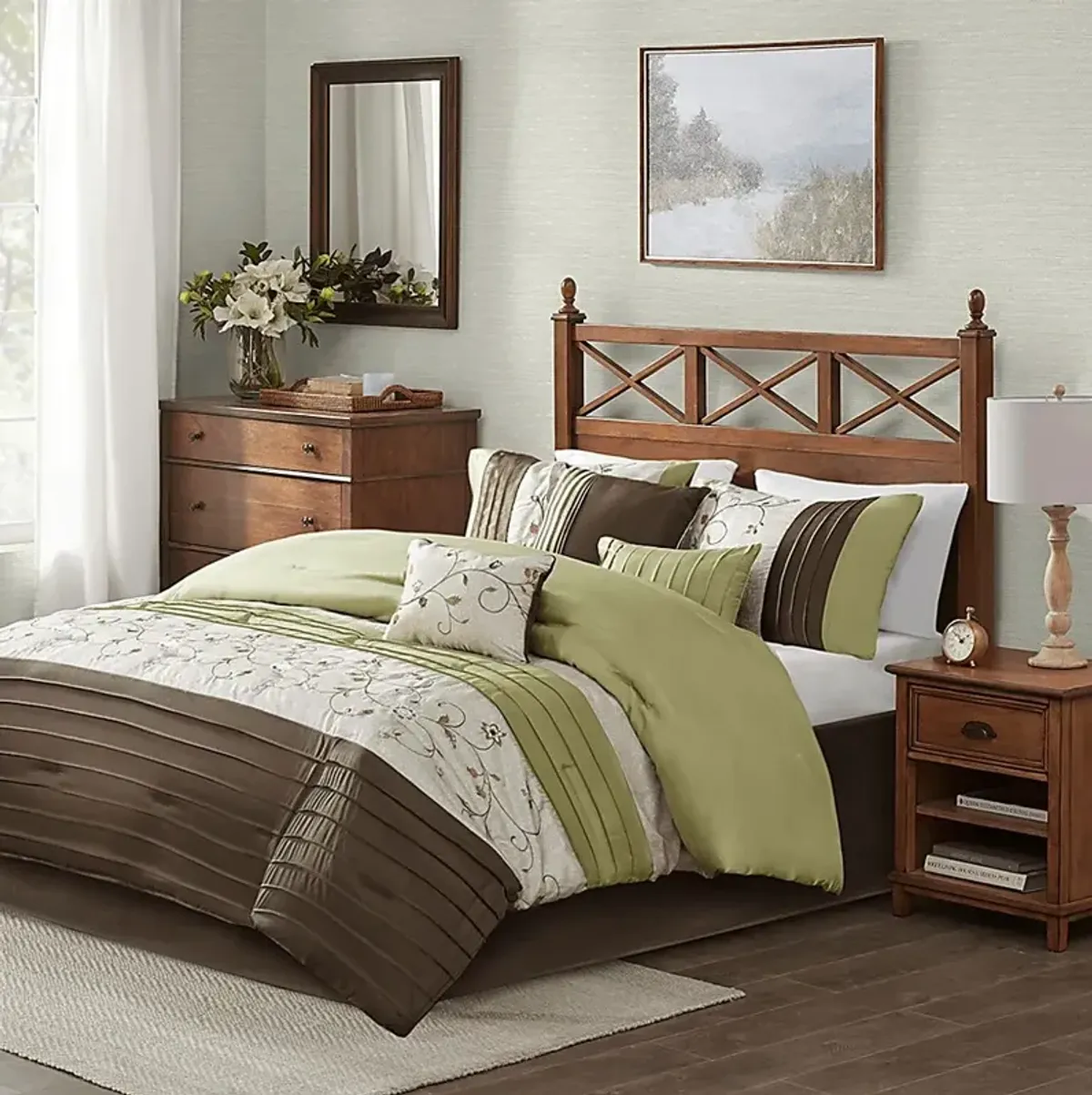 Dodt Green Brown 7 Pc Queen Comforter Set