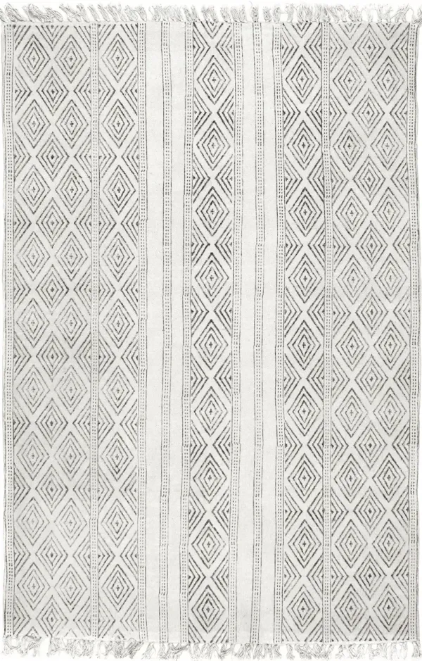 Block Printed Cotton Flatweave Concentric Diamonds Rug