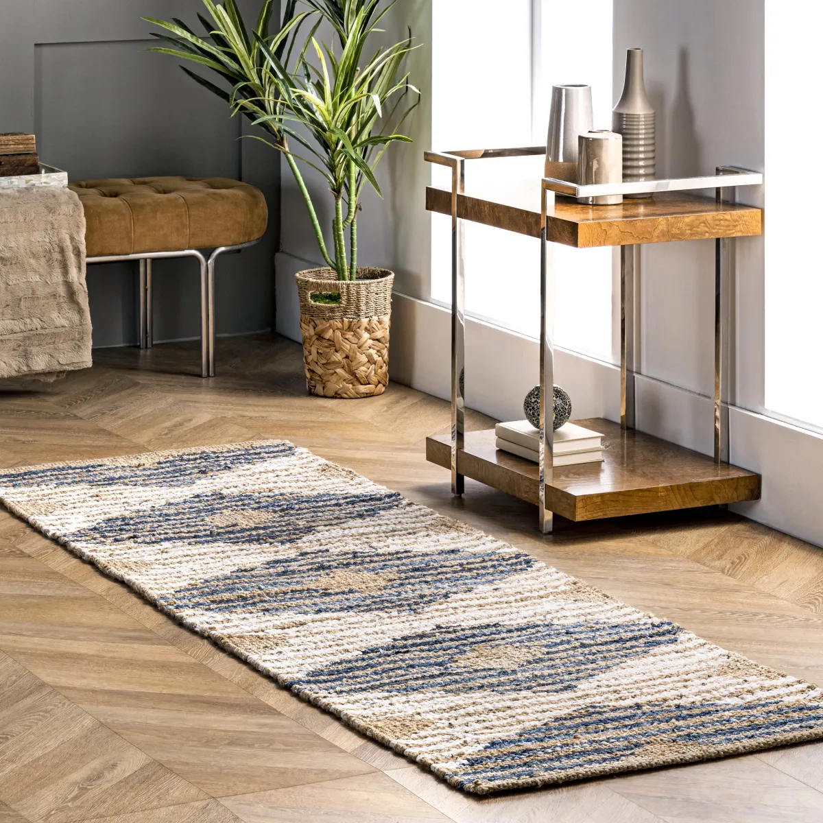 Hand Braided Denim And Jute Striped Diamonds Rug