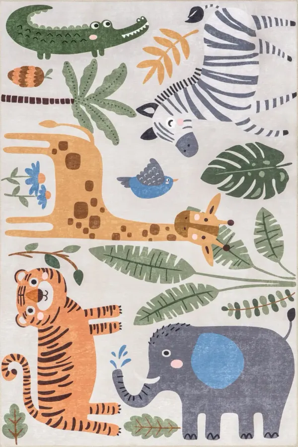 Debra Kids Spill Proof Washable Jungle Friends Rug