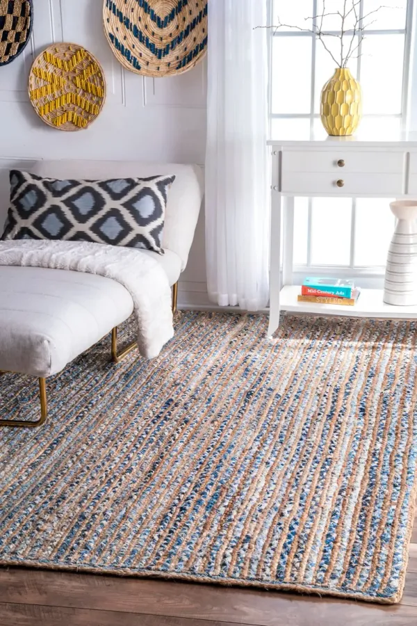 Hand Braided Jute And Denim Striped Rug
