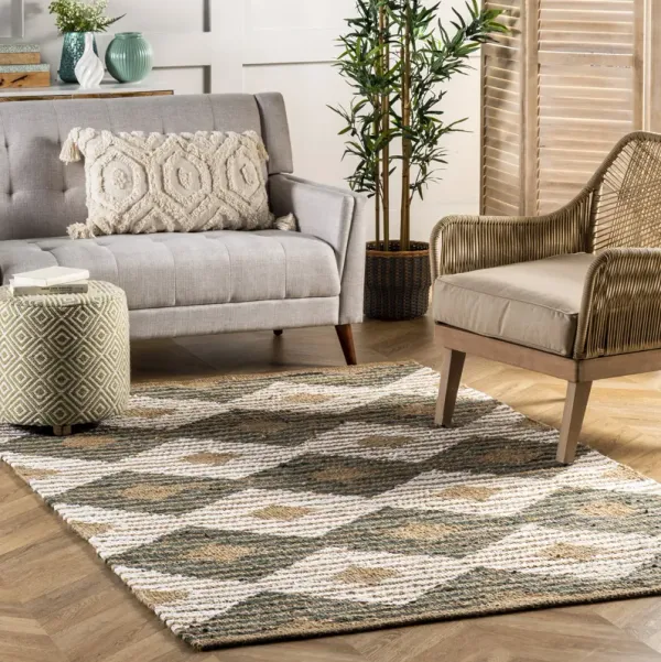 Hand Braided Denim And Jute Striped Diamonds Rug