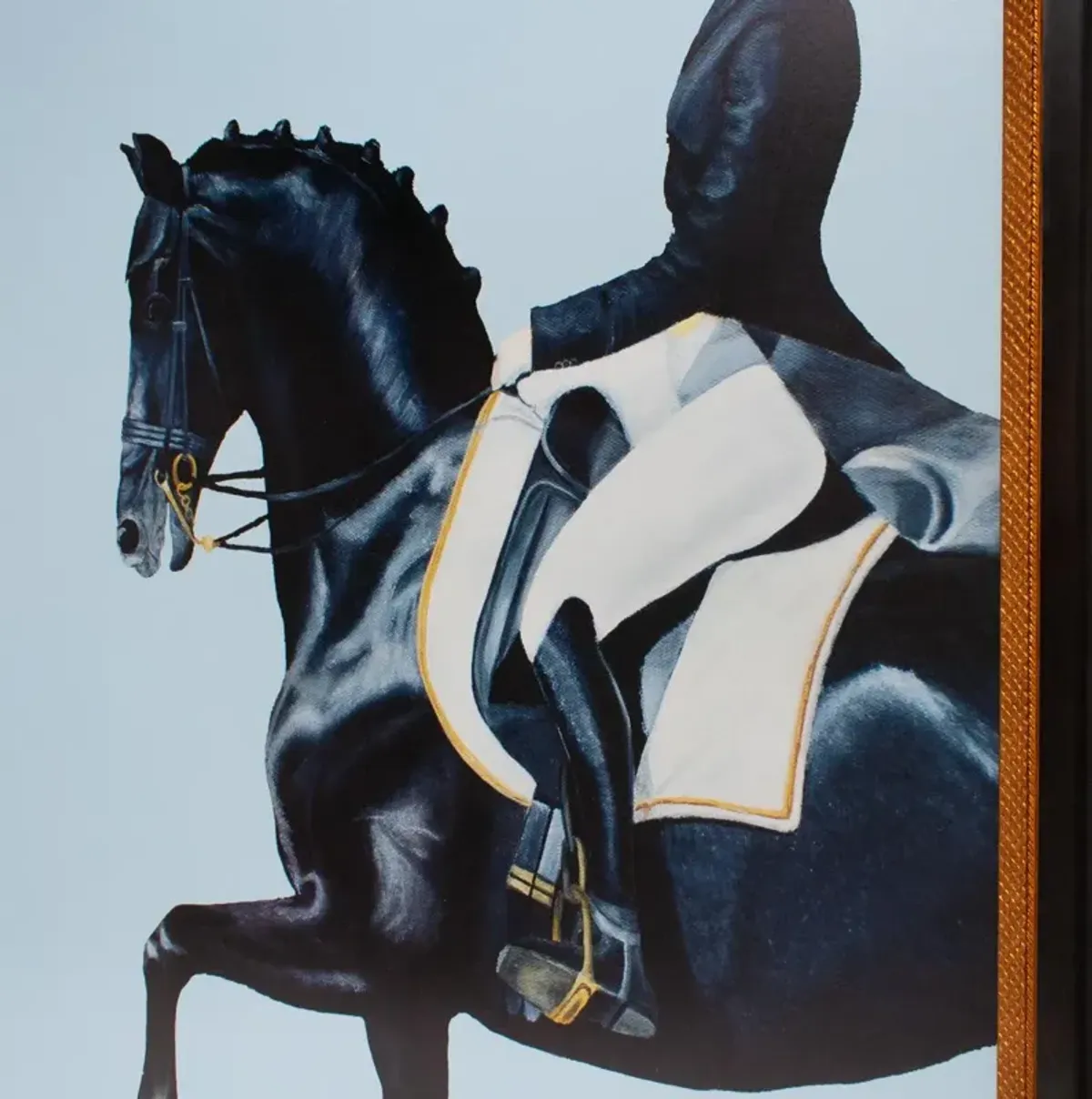 Framed Equestrian Artwork on Silk Cloth - Light Blue