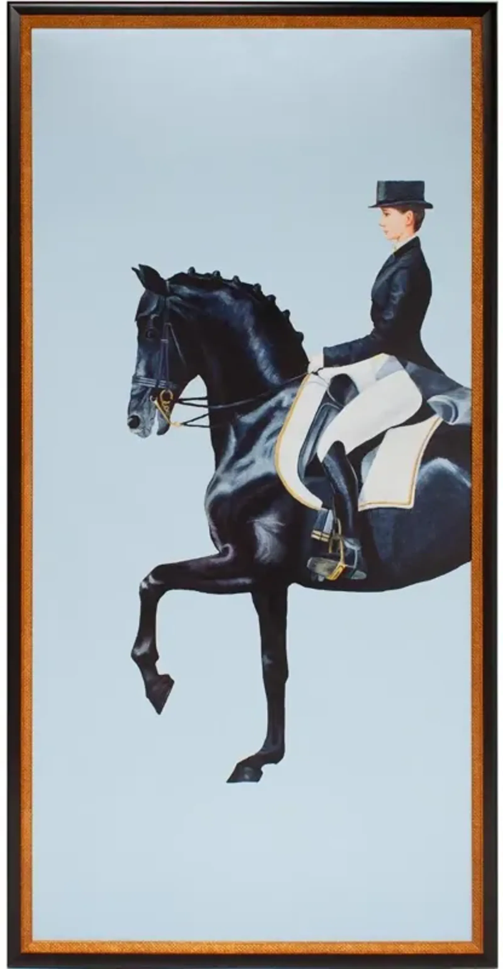 Framed Equestrian Artwork on Silk Cloth - Light Blue