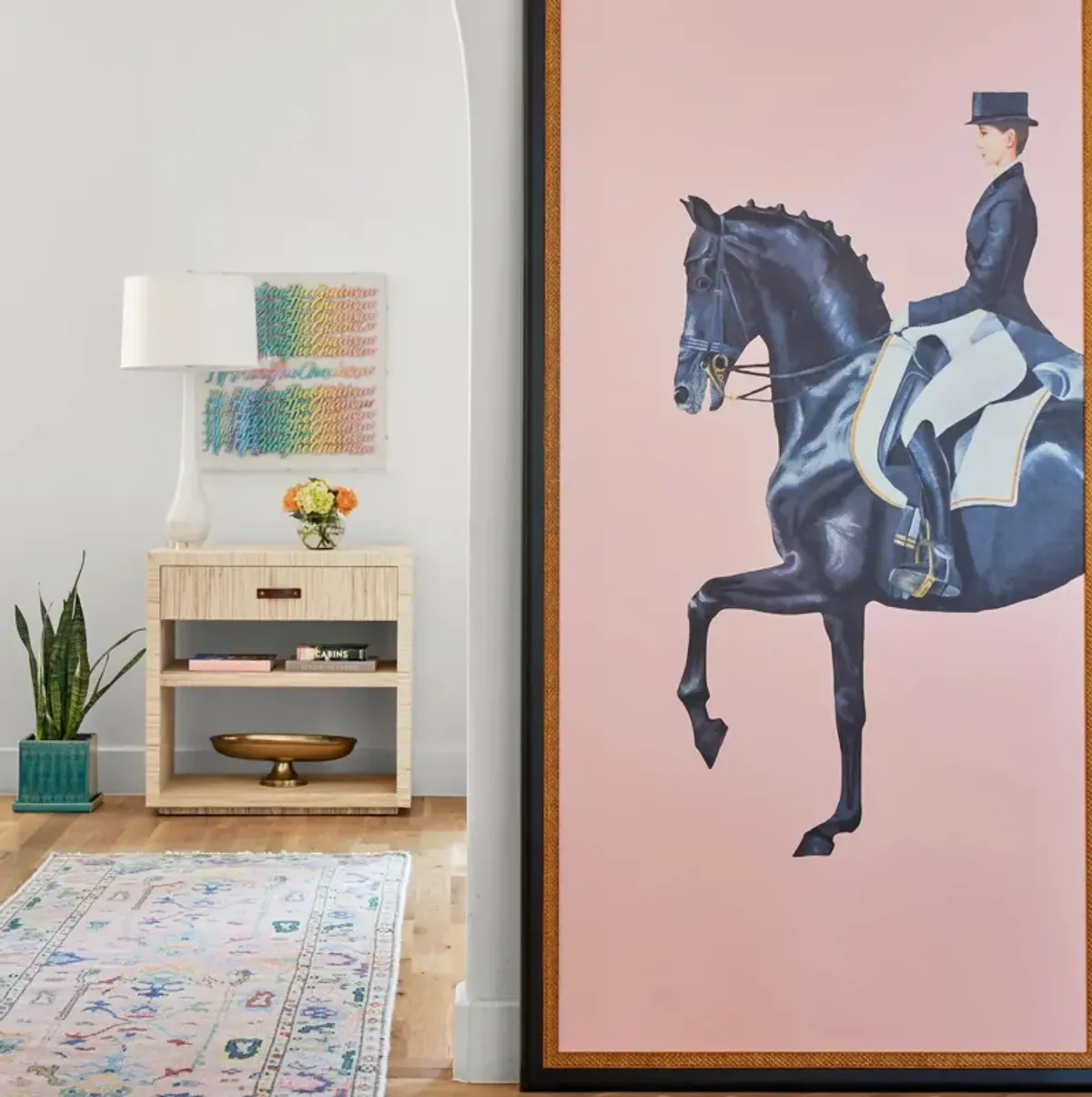 Framed Equestrian Artwork on Silk Cloth - Blush