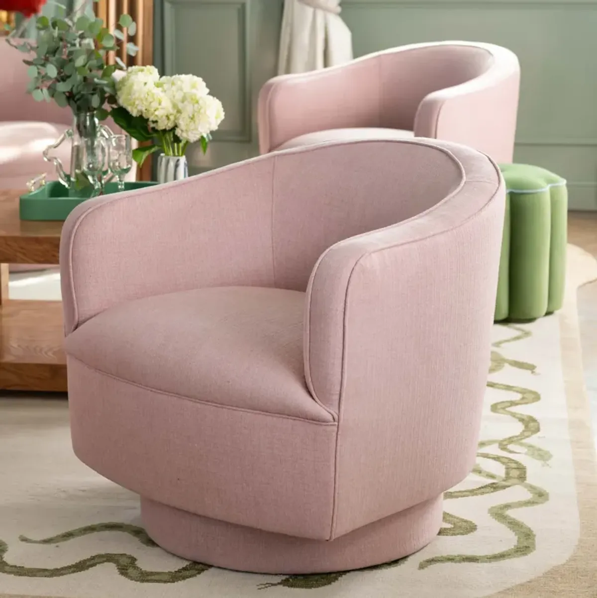 Helene Swivel Chair in Blush Linen