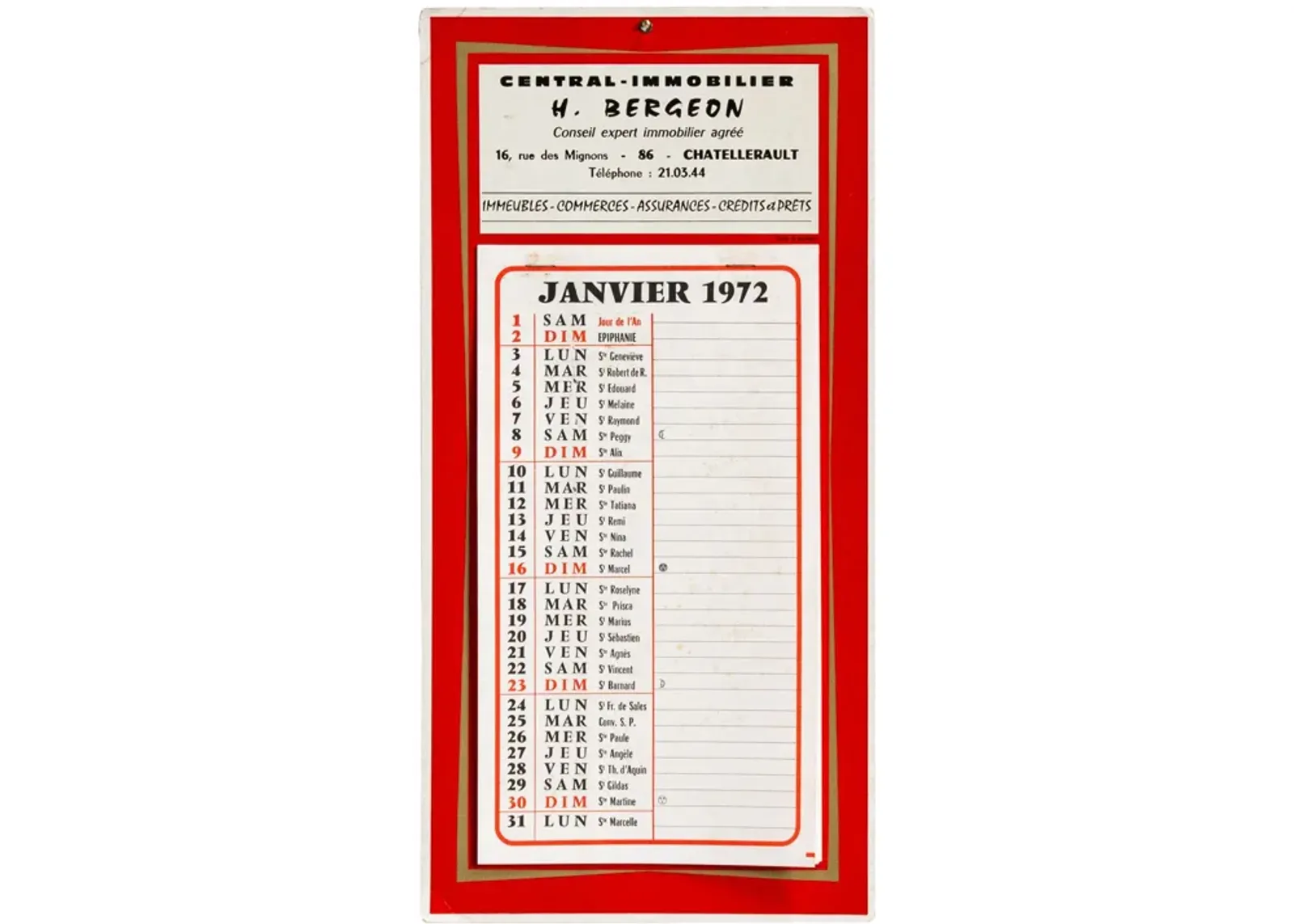 Large French Antique Saints Calendar - Red