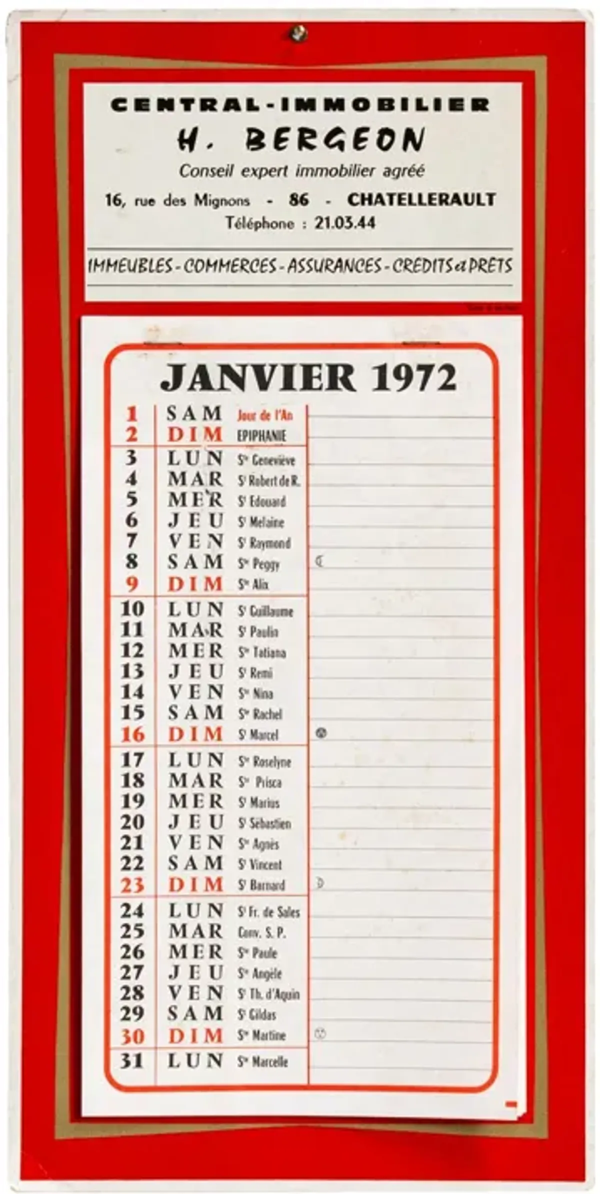 Large French Antique Saints Calendar - Red