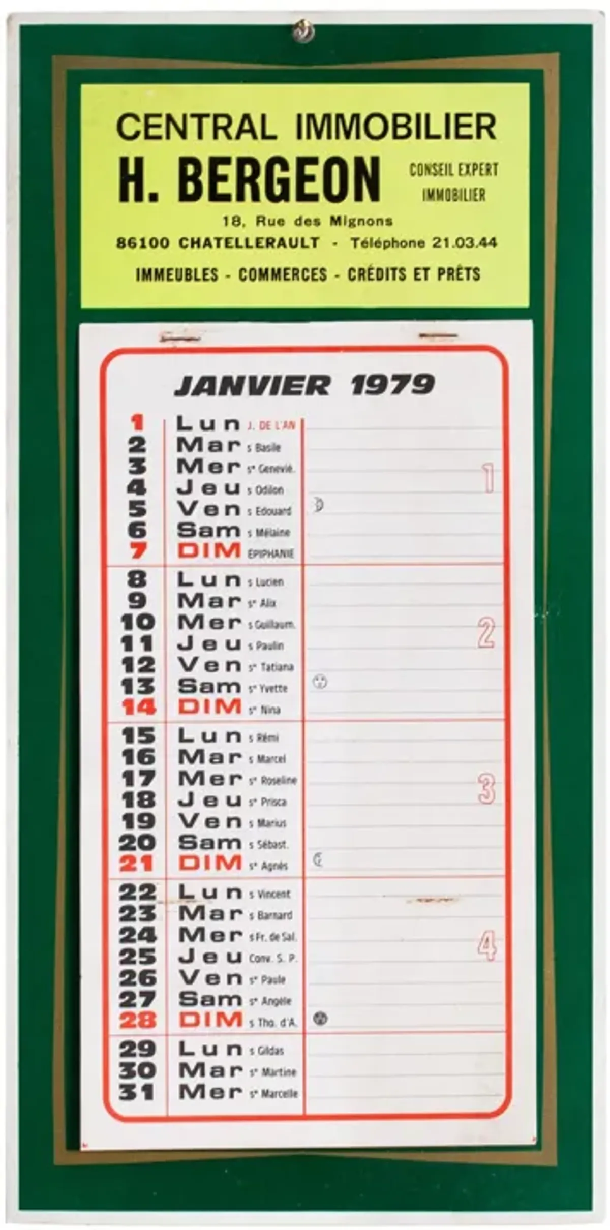 Large French Antique Saints Calendar - Dark Green