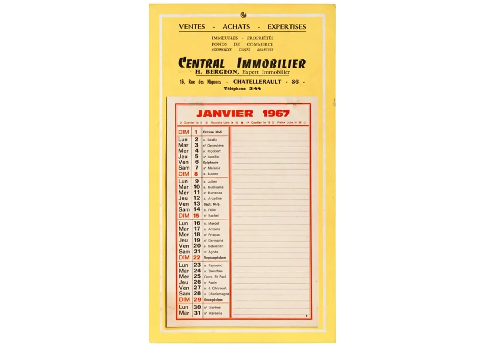 Small French Antique Saints Calendar - Pale Yellow