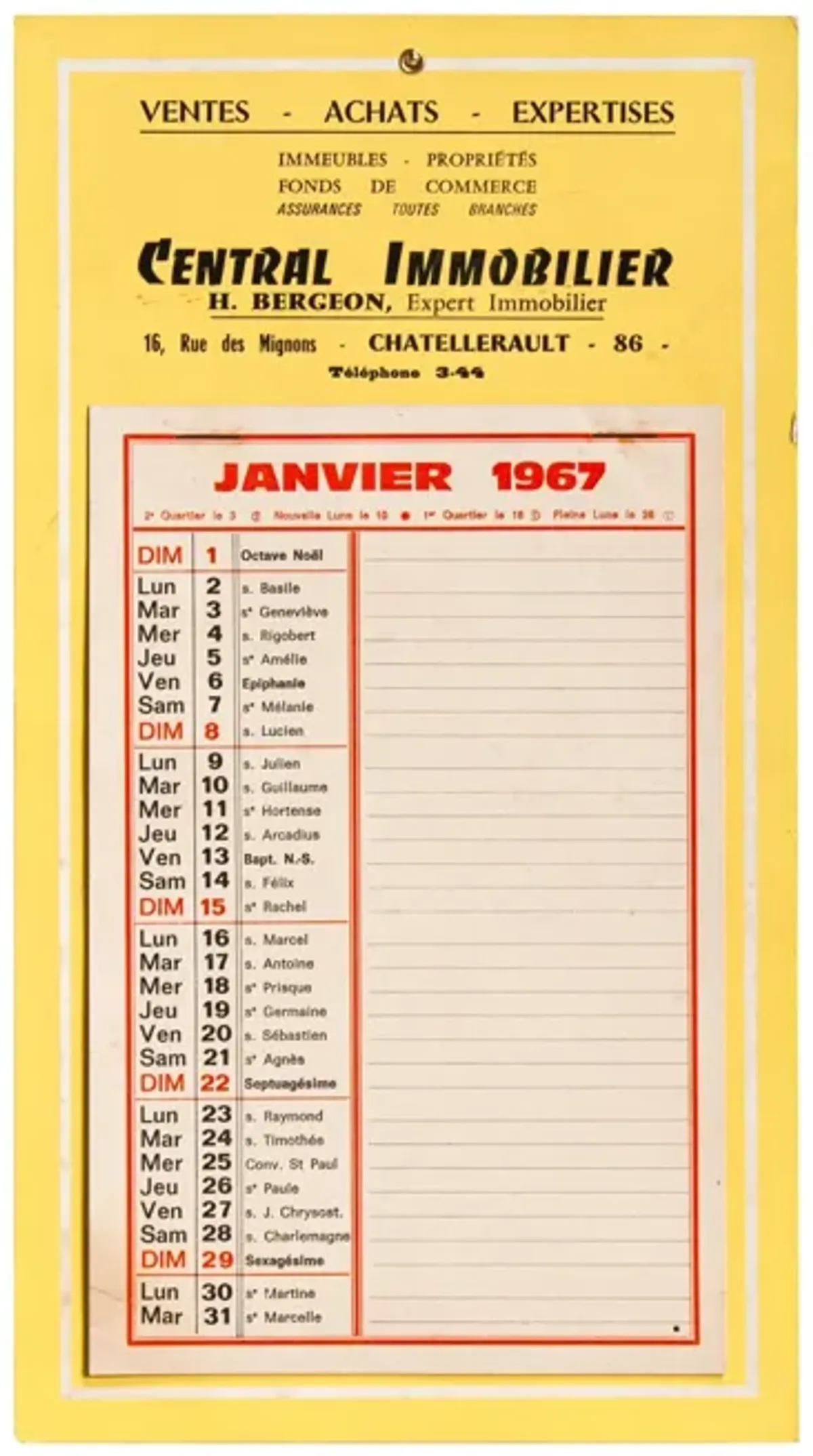 Small French Antique Saints Calendar - Pale Yellow