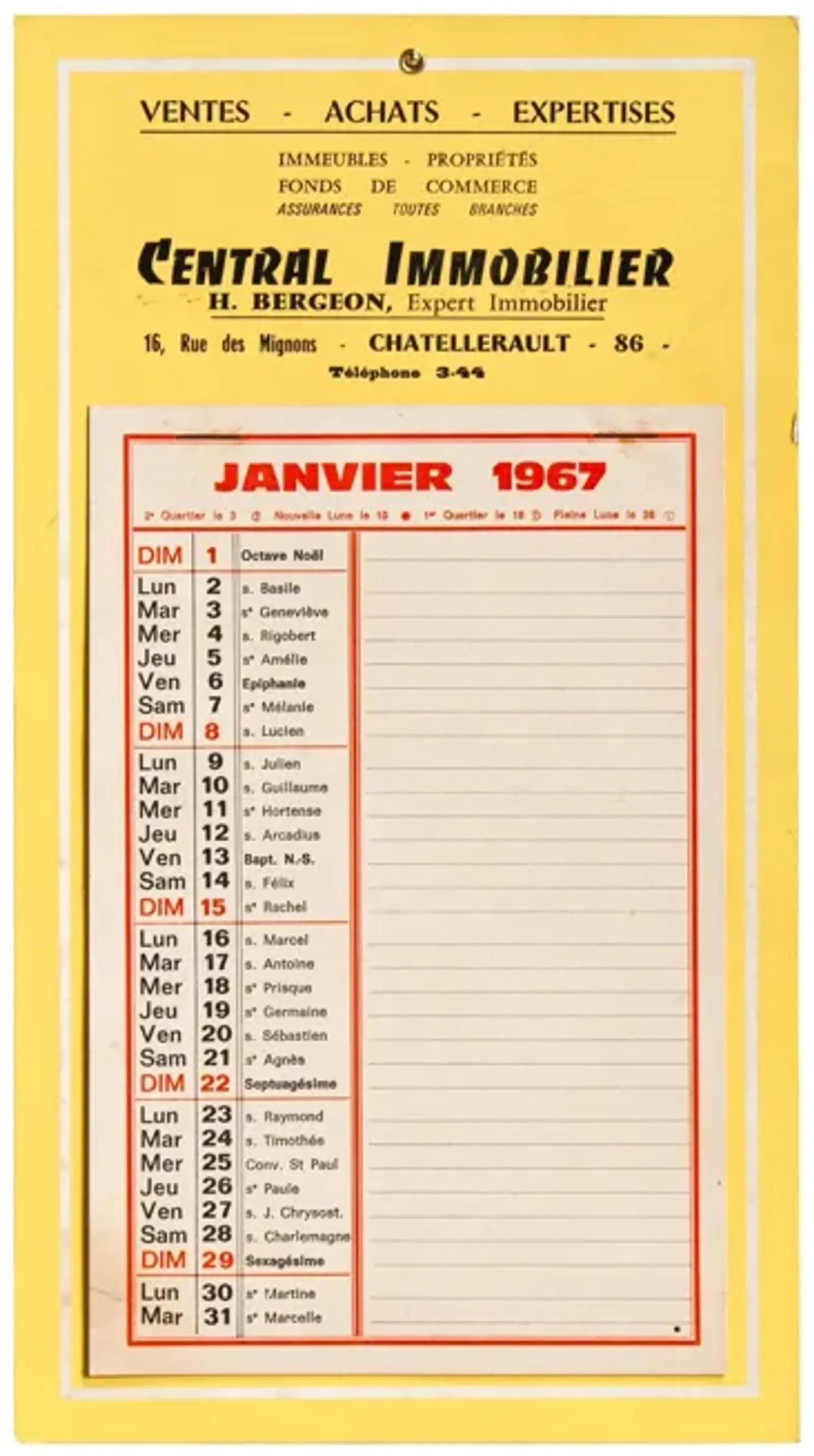 Small French Antique Saints Calendar - Pale Yellow