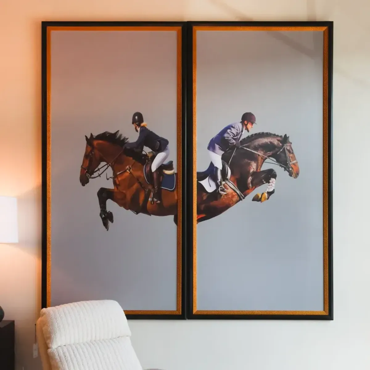 Framed Leaping Equestrian Artwork on Silk Cloth Left - Grey