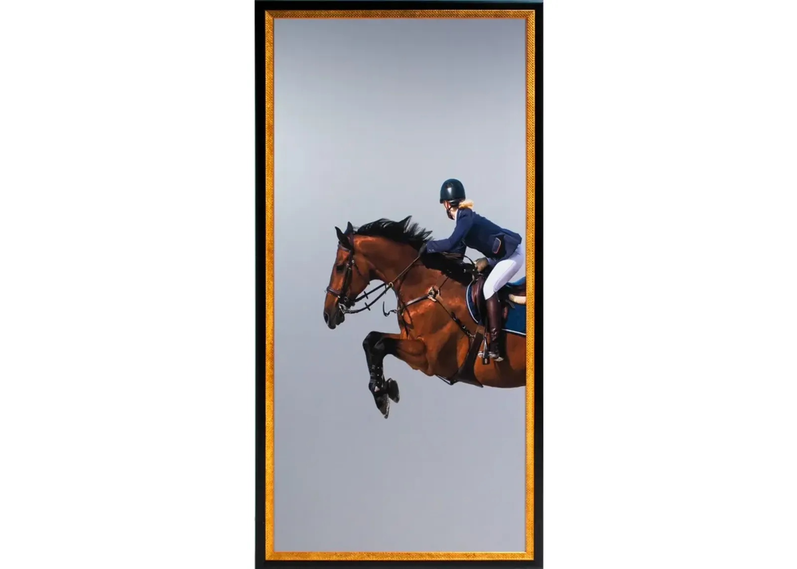 Framed Leaping Equestrian Artwork on Silk Cloth Left - Grey