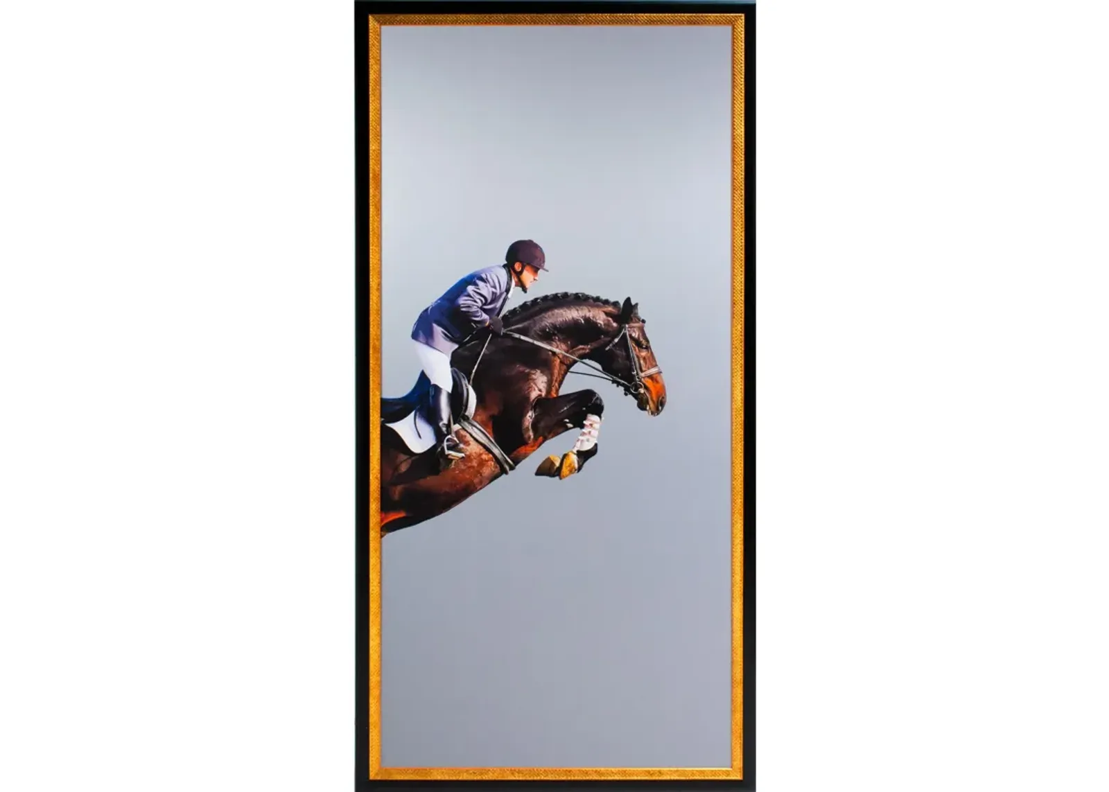 Framed Leaping Equestrian Artwork on Silk Cloth Right - Grey