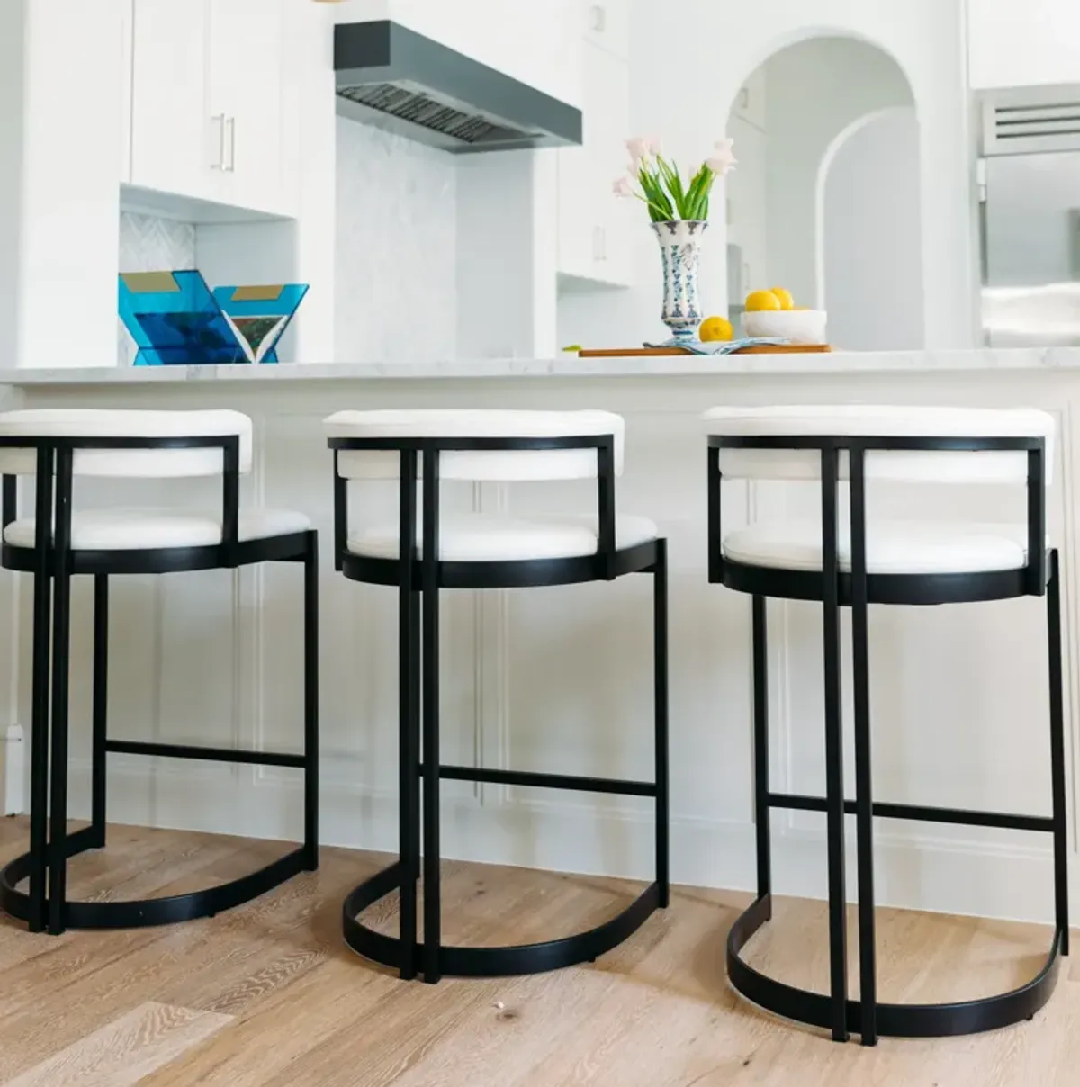 Ballantine Bar Stool in Matte Black White Leather